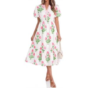 imageCicy Bell Womens Summer Floral Print Maxi Dress A Line Puff Short Sleeve V Neck Boho Dresses Flowy Beach Vacation OutfitsLight Pink