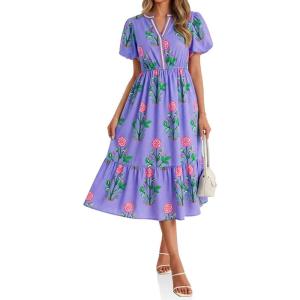 imageCicy Bell Womens Summer Floral Print Maxi Dress A Line Puff Short Sleeve V Neck Boho Dresses Flowy Beach Vacation OutfitsPurple