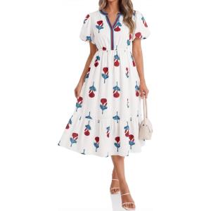 imageCicy Bell Womens Summer Floral Print Maxi Dress A Line Puff Short Sleeve V Neck Boho Dresses Flowy Beach Vacation OutfitsRed