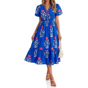 imageCicy Bell Womens Summer Floral Print Maxi Dress A Line Puff Short Sleeve V Neck Boho Dresses Flowy Beach Vacation OutfitsRoyal Blue