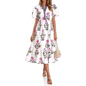 imageCicy Bell Womens Summer Floral Print Maxi Dress A Line Puff Short Sleeve V Neck Boho Dresses Flowy Beach Vacation OutfitsWhite