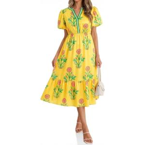 imageCicy Bell Womens Summer Floral Print Maxi Dress A Line Puff Short Sleeve V Neck Boho Dresses Flowy Beach Vacation OutfitsYellow