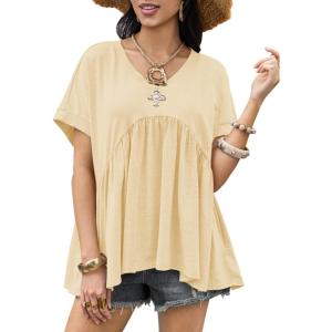 imageCicy Bell Womens Summer Peplum Tops Oversized Babydoll Short Sleeve V Neck T Shirts Casual Loose Pleated Swing BlouseBeige