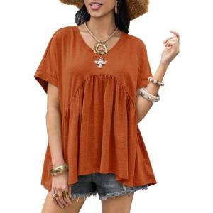 imageCicy Bell Womens Summer Peplum Tops Oversized Babydoll Short Sleeve V Neck T Shirts Casual Loose Pleated Swing BlouseBrick Red
