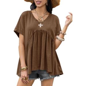 imageCicy Bell Womens Summer Peplum Tops Oversized Babydoll Short Sleeve V Neck T Shirts Casual Loose Pleated Swing BlouseBrown