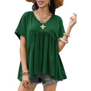 imageCicy Bell Womens Summer Peplum Tops Oversized Babydoll Short Sleeve V Neck T Shirts Casual Loose Pleated Swing BlouseDark Green