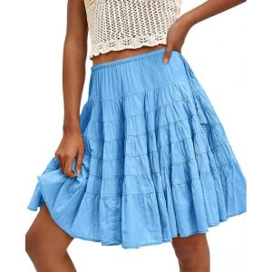 imageCicy Bell Womens Summer Pleated Skirts Boho Layered Tiered Low Rise Knee Length Skirt Flowy Beach Vacation OutfitsBlue