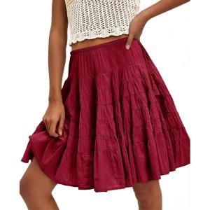 imageCicy Bell Womens Summer Pleated Skirts Boho Layered Tiered Low Rise Knee Length Skirt Flowy Beach Vacation OutfitsBurgundy