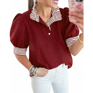 imageCicy Bell Womens Summer Puff Sleeve Blouses Casual Dressy Ruffle V Neck Tops Color Block Striped Loose Fit Button Polo ShirtsBurgundy