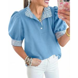 imageCicy Bell Womens Summer Puff Sleeve Blouses Casual Dressy Ruffle V Neck Tops Color Block Striped Loose Fit Button Polo ShirtsSky Blue