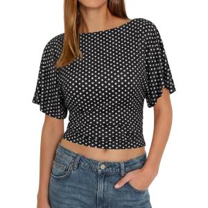 imageCicy Bell Womens Summer Wrap Tops Casual Short Sleeve Tie Back Cinched Waist T Shirts Trendy Boat Neck BlouseBlackwhite