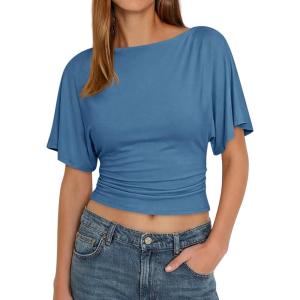 imageCicy Bell Womens Summer Wrap Tops Casual Short Sleeve Tie Back Cinched Waist T Shirts Trendy Boat Neck BlouseBlue