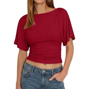 imageCicy Bell Womens Summer Wrap Tops Casual Short Sleeve Tie Back Cinched Waist T Shirts Trendy Boat Neck BlouseBurgundy