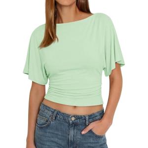 imageCicy Bell Womens Summer Wrap Tops Casual Short Sleeve Tie Back Cinched Waist T Shirts Trendy Boat Neck BlouseMint
