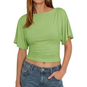 imageCicy Bell Womens Summer Wrap Tops Casual Short Sleeve Tie Back Cinched Waist T Shirts Trendy Boat Neck BlouseOlive Drab