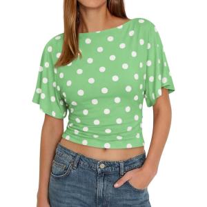 imageCicy Bell Womens Summer Wrap Tops Casual Short Sleeve Tie Back Cinched Waist T Shirts Trendy Boat Neck BlousePolka Dots Green