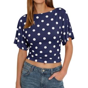 imageCicy Bell Womens Summer Wrap Tops Casual Short Sleeve Tie Back Cinched Waist T Shirts Trendy Boat Neck BlousePolka Dots Light Navy