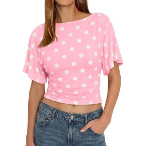 imageCicy Bell Womens Summer Wrap Tops Casual Short Sleeve Tie Back Cinched Waist T Shirts Trendy Boat Neck BlousePolka Dots Light Pink