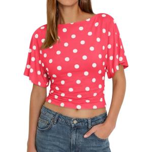 imageCicy Bell Womens Summer Wrap Tops Casual Short Sleeve Tie Back Cinched Waist T Shirts Trendy Boat Neck BlousePolka Dots Pink