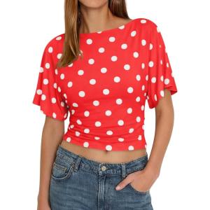 imageCicy Bell Womens Summer Wrap Tops Casual Short Sleeve Tie Back Cinched Waist T Shirts Trendy Boat Neck BlousePolka Dots Red