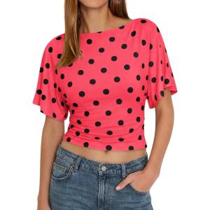 imageCicy Bell Womens Summer Wrap Tops Casual Short Sleeve Tie Back Cinched Waist T Shirts Trendy Boat Neck BlousePolka Dots Rose Red