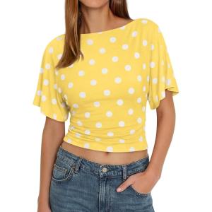 imageCicy Bell Womens Summer Wrap Tops Casual Short Sleeve Tie Back Cinched Waist T Shirts Trendy Boat Neck BlousePolka Dots Yellow