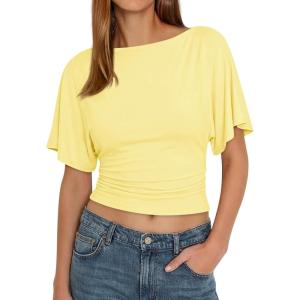 imageCicy Bell Womens Summer Wrap Tops Casual Short Sleeve Tie Back Cinched Waist T Shirts Trendy Boat Neck BlouseYellow