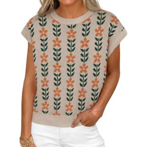 imageCicy Bell Womens Sweater Vest Summer Floral Cap Sleeve Sweaters Crew Neck Dressy Casual Knit Trendy 2026 TopsBeige Flowers