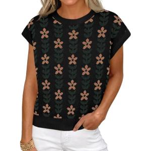 imageCicy Bell Womens Sweater Vest Summer Floral Cap Sleeve Sweaters Crew Neck Dressy Casual Knit Trendy 2026 TopsBlack Flowers
