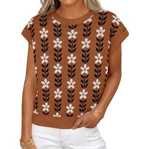 imageCicy Bell Womens Sweater Vest Summer Floral Cap Sleeve Sweaters Crew Neck Dressy Casual Knit Trendy 2026 TopsBrown Flowers