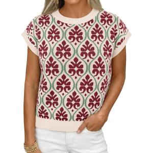 imageCicy Bell Womens Sweater Vest Summer Floral Cap Sleeve Sweaters Crew Neck Dressy Casual Knit Trendy 2026 TopsBurgundy