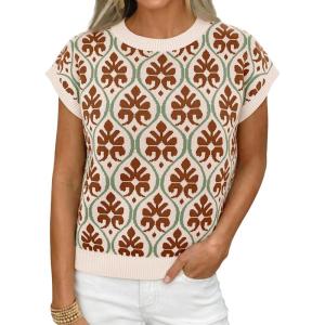 imageCicy Bell Womens Sweater Vest Summer Floral Cap Sleeve Sweaters Crew Neck Dressy Casual Knit Trendy 2026 TopsCaramel