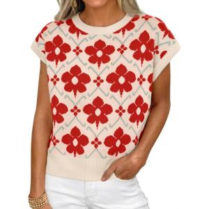 imageCicy Bell Womens Sweater Vest Summer Floral Cap Sleeve Sweaters Crew Neck Dressy Casual Knit Trendy 2026 TopsRed