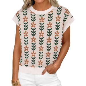 imageCicy Bell Womens Sweater Vest Summer Floral Cap Sleeve Sweaters Crew Neck Dressy Casual Knit Trendy 2026 TopsWhite Flowers