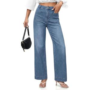 imageCicy Bell Womens Wide Leg Jeans High Waisted Stretchy Straight Leg Baggy Trendy Denim Pants with Patch PocketsBlue