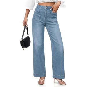 imageCicy Bell Womens Wide Leg Jeans High Waisted Stretchy Straight Leg Baggy Trendy Denim Pants with Patch PocketsLight Blue