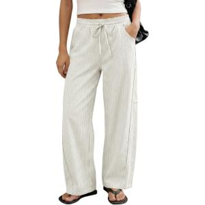 imageCicy Bell Womens Wide Leg Striped Pants High Waisted Baggy Casual Barrel Drawstring Lounge Trousers with PocketsApricot