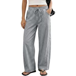 imageCicy Bell Womens Wide Leg Striped Pants High Waisted Baggy Casual Barrel Drawstring Lounge Trousers with PocketsDark Grey