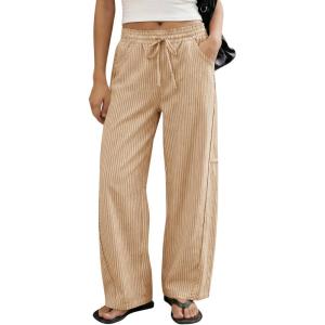 imageCicy Bell Womens Wide Leg Striped Pants High Waisted Baggy Casual Barrel Drawstring Lounge Trousers with PocketsKhaki