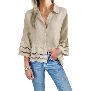 imageCicy Bell Womens 34 Bell Sleeve Button Down Shirts Casual Ruffle Hem Tops Eyelet BlouseLight Khaki