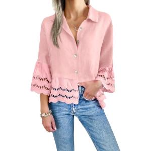 imageCicy Bell Womens 34 Bell Sleeve Button Down Shirts Casual Ruffle Hem Tops Eyelet BlouseLight Pink