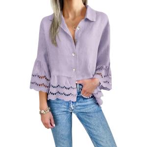 imageCicy Bell Womens 34 Bell Sleeve Button Down Shirts Casual Ruffle Hem Tops Eyelet BlousePurple