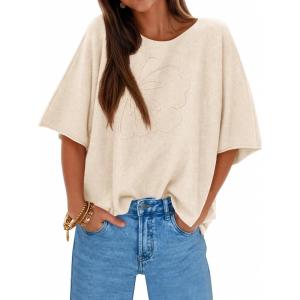 imageCicy Bell Womens Half Sleeve Sweaters Oversized Boat Neck Knitted Pullover Sweater Trendy Casual Loose Fit Fall TopsBeige Flower