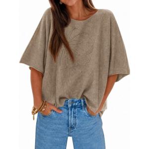 imageCicy Bell Womens Half Sleeve Sweaters Oversized Boat Neck Knitted Pullover Sweater Trendy Casual Loose Fit Fall TopsDark Khaki Flower