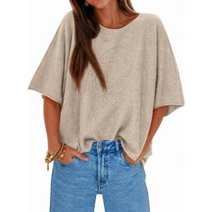 imageCicy Bell Womens Half Sleeve Sweaters Oversized Boat Neck Knitted Pullover Sweater Trendy Casual Loose Fit Fall TopsKhaki Flower