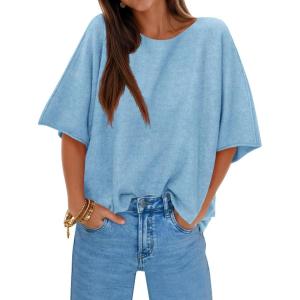 imageCicy Bell Womens Half Sleeve Sweaters Oversized Boat Neck Knitted Pullover Sweater Trendy Casual Loose Fit Fall TopsLight Blue