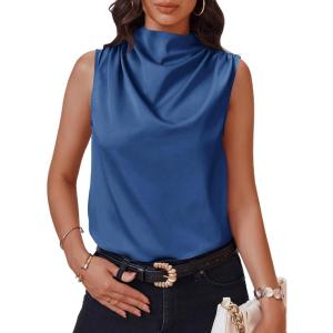 imageCicy Bell Womens Mock Neck Satin Tank Tops Business Casual Work Ruched Blouses Summer Corporate OutfitsDark Blue