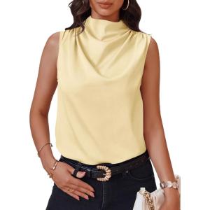 imageCicy Bell Womens Mock Neck Satin Tank Tops Business Casual Work Ruched Blouses Summer Corporate OutfitsLight Yellow
