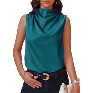 imageCicy Bell Womens Mock Neck Satin Tank Tops Business Casual Work Ruched Blouses Summer Corporate OutfitsPeacock Green