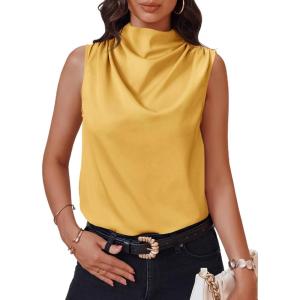 imageCicy Bell Womens Mock Neck Satin Tank Tops Business Casual Work Ruched Blouses Summer Corporate OutfitsYellow